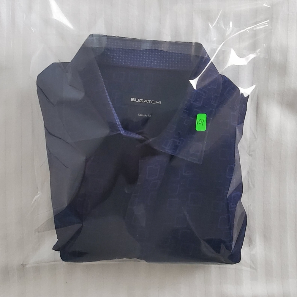 Bugatchi Navy All Over Geometric Pattern Shirt Me… - image 4